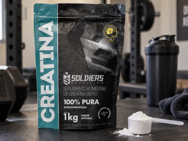 Creatina Monohidratada Soldiers Nutrition 1kg com scoop em ambiente de treino