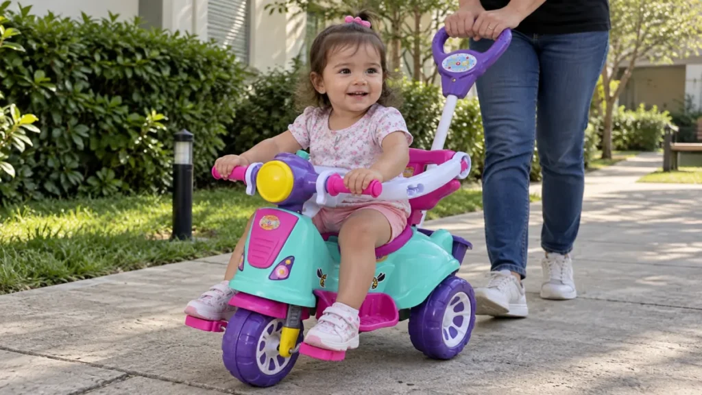 Triciclo Infantil Avespa é Bom? Vale a Pena? Review 2026 5 Criança usando o Triciclo Infantil Avespa com adulto empurrando