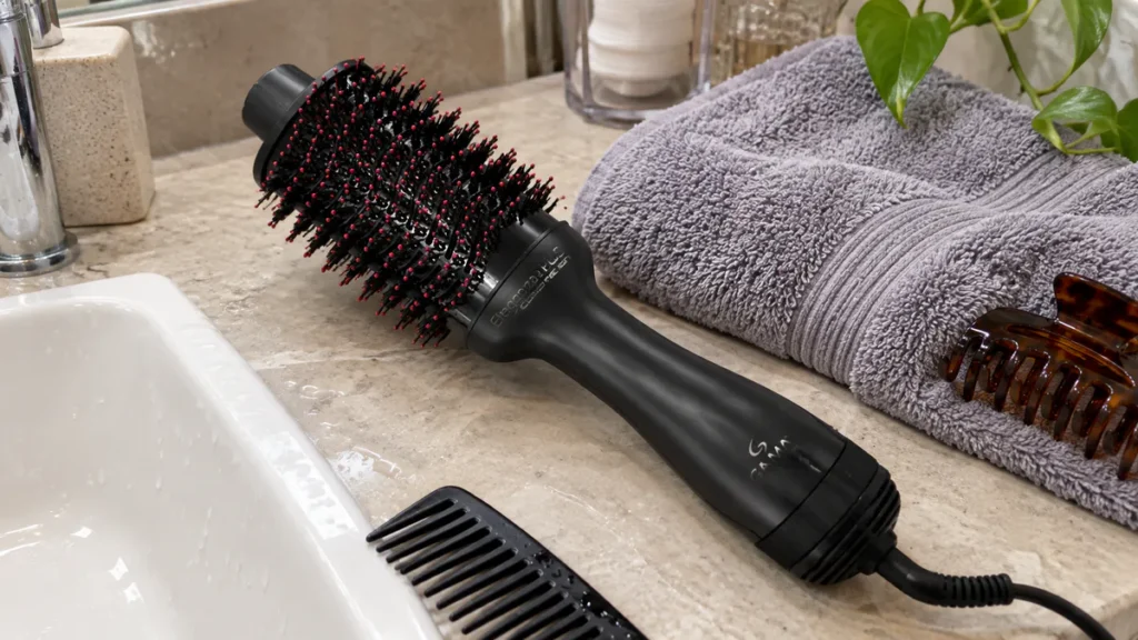 Escova Secadora Gama Eleganza Plus é Boa? Vale a Pena? Review 2026 5 Escova Secadora Gama Eleganza Plus próxima a toalha no banheiro