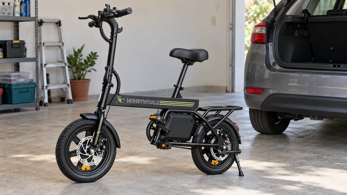 Honeywhale B20 vs S6-S: Qual Vale Mais a Pena em 2026? 6 Ilustração da Honeywhale B20 preta, montada, ao lado de um carro com porta-malas aberto em uma garagem.