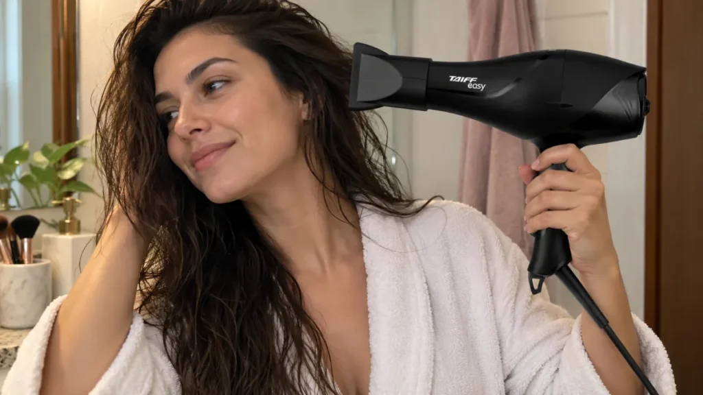 Taiff Style 2000W vs Taiff Easy 1700W: Qual é Melhor? 6 Mulher usando Taiff Easy 1700W para secar o cabelo